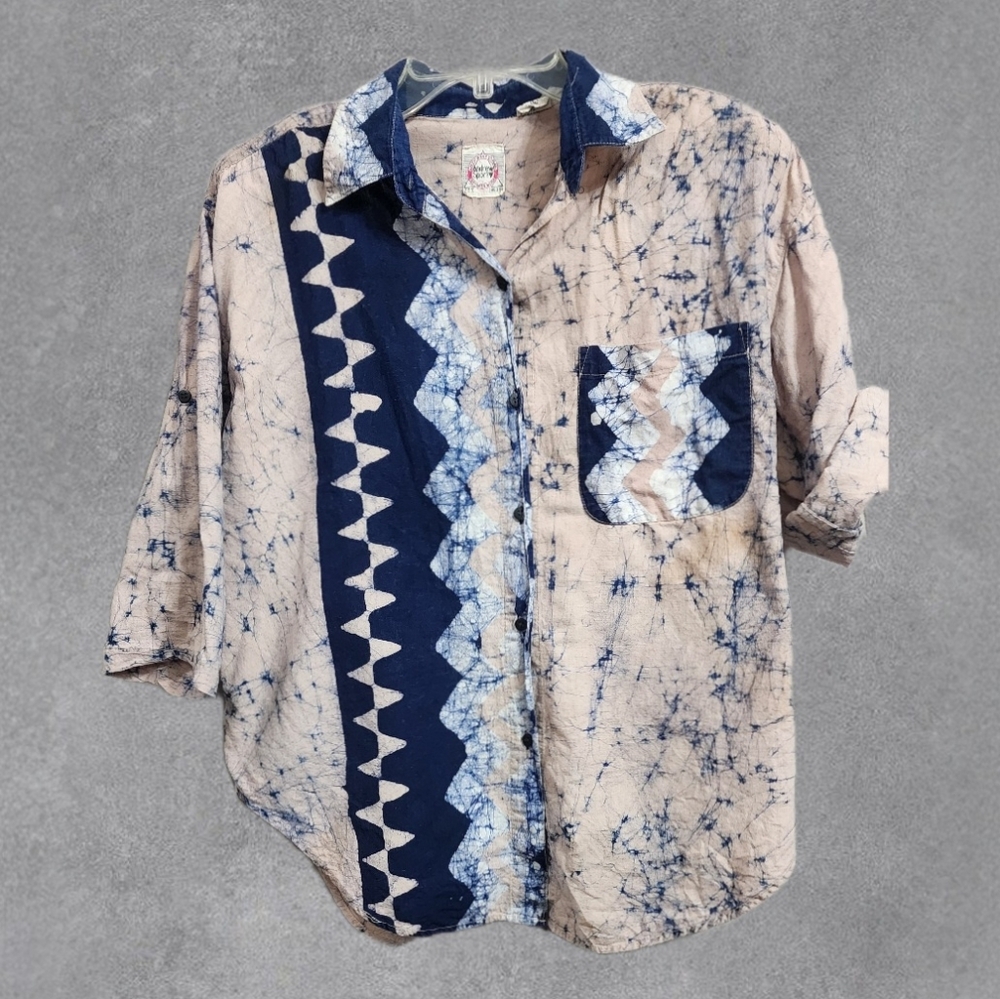 Andrew Sport Vintage Blue Tan Button Down Size Large